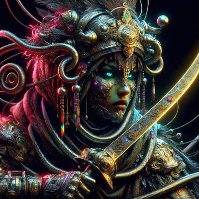 The primary subject of the image is a woman with a sword, wearing a costume and a headpiece. She appears to be a warrior or a character from a fantasy world. The setting is a dark, possibly futuristic environment, with a backdrop of a spiral pattern. The visual style is a digital art or illustration, with a combination of colors and textures that create a dramatic and intense atmosphere.